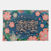 ピンクブルーフローラグッドデイ引用文 かわいらし キッチンタオル (横)