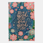 ピンクブルーフローラグッドデイ引用文 かわいらし キッチンタオル (縦)