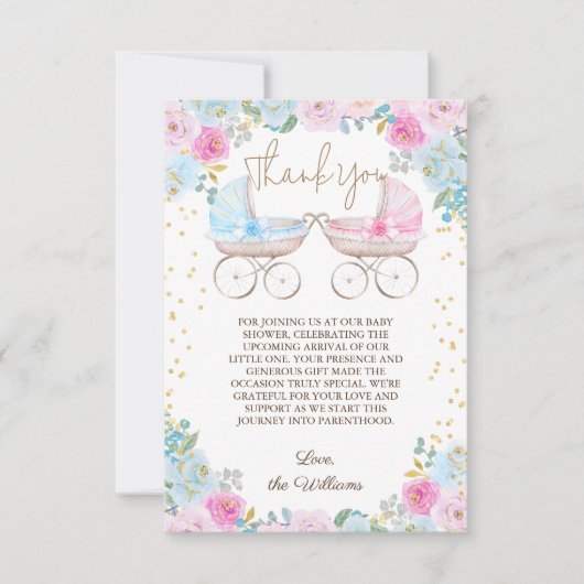 ピンクブルーフローラジェンダーが赤ちゃんシャワーを明らかにする サンキューカード (正面)