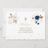 ピンクブルーフローラツインズ1st誕生日《キリスト教》洗礼式や命名式 サンキューカード (正面)