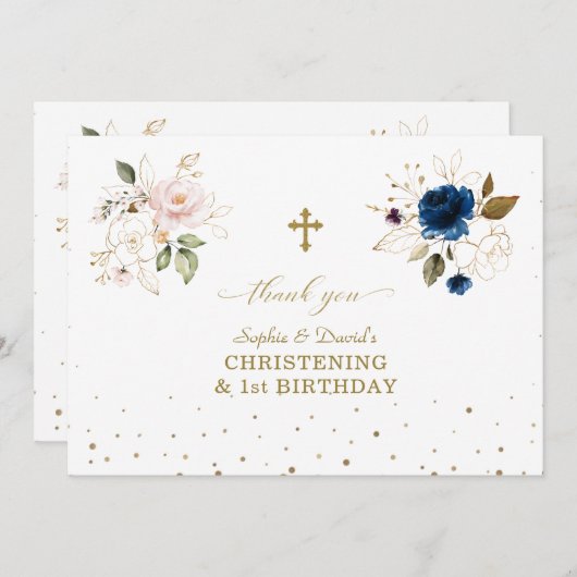 ピンクブルーフローラツインズ1st誕生日《キリスト教》洗礼式や命名式 サンキューカード (正面/裏面)