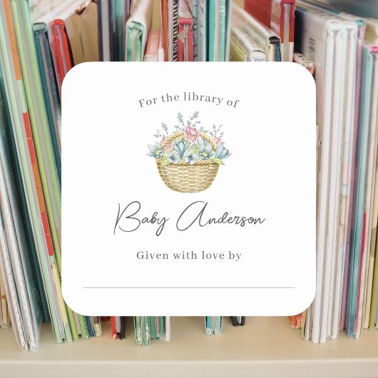ピンクブルーフローラバスケットベビーシャワー蔵書票 スクエアシール