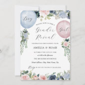 ピンクブルーフローラバルーン性別の表示 招待状 (正面)