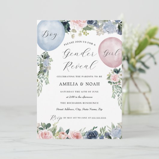 ピンクブルーフローラバルーン性別の表示 招待状 (スタンド正面)