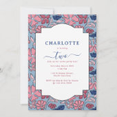 ピンクブルーフローラブロックプリントガールバースデーパーティー 招待状 (正面)