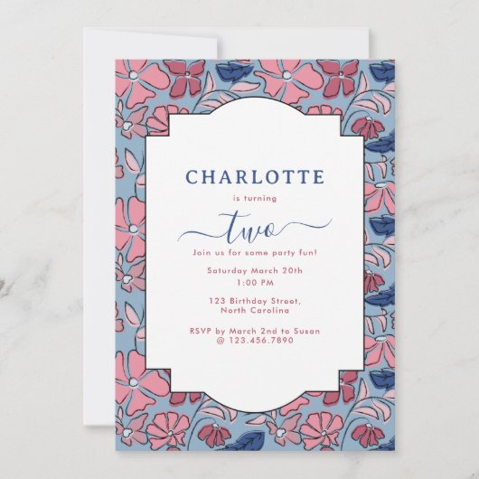 ピンクブルーフローラブロックプリントガールバースデーパーティー 招待状 (正面)