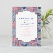 ピンクブルーフローラブロックプリントガールバースデーパーティー 招待状 (スタンド正面)