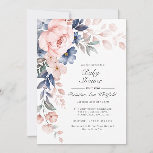 ピンクブルーフローラベビーシャワー 招待状 (正面)