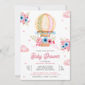 ピンクブルーフローラホットエアバルーンガールベビーシャワー 招待状 (正面)