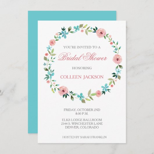 ピンクブルーフローラリースブライダルシャワー招待 招待状 (正面/裏面)