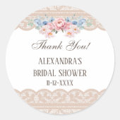 ピンクブルーフローラレースブライダルシャワーありがとう ラウンドシール (正面)