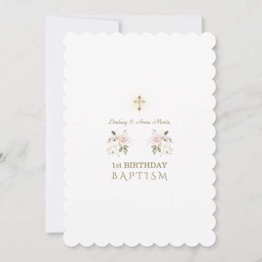 ピンクブルーフローラ女子ツインズ1stバースデーバプテスマ 招待状 (裏面)