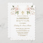 ピンクブルーフローラ女子ツインズ1stバースデーバプテスマ 招待状 (正面/裏面)