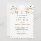 ピンクブルーフローラ女子ツインズ1stバースデーバプテスマ 招待状 (正面)