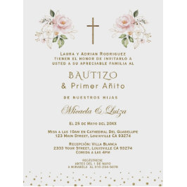 ピンクブルーフローラ女子ツインズ1stバースデーバプテスマ 招待状