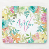 ピンクブルーフローラ水彩グリッターモノグラム マウスパッド (正面)