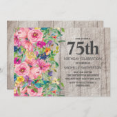 ピンクブルーフローラ素朴ウッド75thバースデーパーティー 招待状 (正面/裏面)