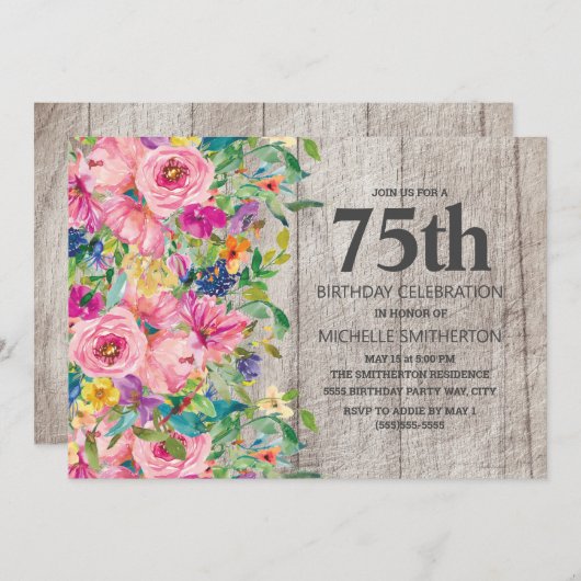 ピンクブルーフローラ素朴ウッド75thバースデーパーティー 招待状 (正面/裏面)