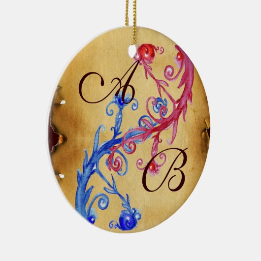 ピンクブルーフローラ結婚の渦巻き羊皮紙モノグラム セラミックオーナメント (右)