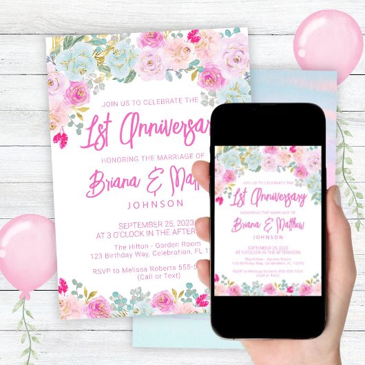 ピンクブルーフローラ結婚1周年記念 招待状