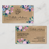 ピンクブルーフローラ金ゴールドウォーターカラークラフト紙 名刺 (正面/裏面)