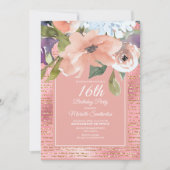 ピンクブルーフローラ金ゴールドグリッターガールズ16誕生日 カード (正面)