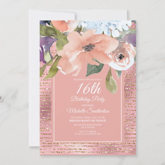 ピンクブルーフローラ金ゴールドグリッターガールズ16誕生日 カード (正面)