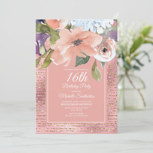 ピンクブルーフローラ金ゴールドグリッターガールズ16誕生日 カード (スタンド正面)