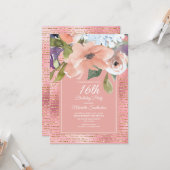 ピンクブルーフローラ金ゴールドグリッターガールズ16誕生日 カード (正面/裏面インサイチュ)