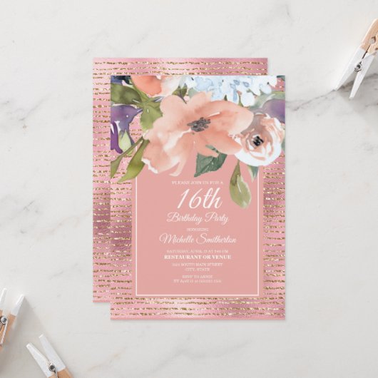 ピンクブルーフローラ金ゴールドグリッターガールズ16誕生日 カード (正面/裏面インサイチュ)