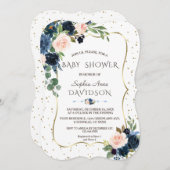 ピンクブルーフローラ金ゴールドグリッター紙吹雪ベビーシャワー 招待状 (正面/裏面)