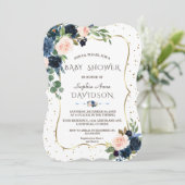 ピンクブルーフローラ金ゴールドグリッター紙吹雪ベビーシャワー 招待状 (スタンド正面)