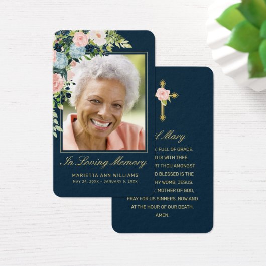 ピンクブルーフローラ金ゴールドスクリプトフォト祈りの言葉カード (デスク)