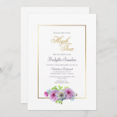 ピンクブルーフローラ金ゴールドブライダルシャワーハイティー 招待状 (正面/裏面)