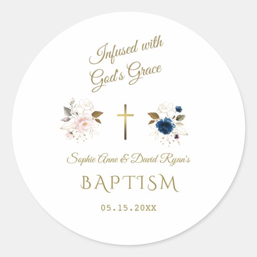 ピンクブルーフローラ金ゴールド書道双生児バプテスマ ラウンドシール (正面)