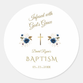 ピンクブルーフローラ金ゴールド書道双生児バプテスマ ラウンドシール