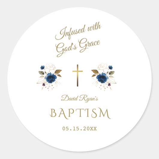 ピンクブルーフローラ金ゴールド書道双生児バプテスマ ラウンドシール (正面)