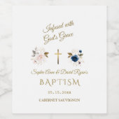 ピンクブルーフローラ金ゴールド書道双生児バプテスマ ワインラベル (シングルラベル)