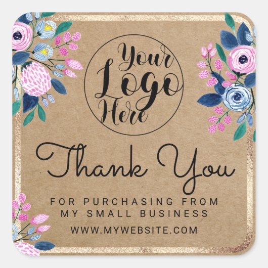 ピンクブルーフローラ金ゴールド水彩クラフトありがとう スクエアシール (正面)