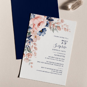 ピンクブルーフローラ75th Birthday Party Invitation ノートカード