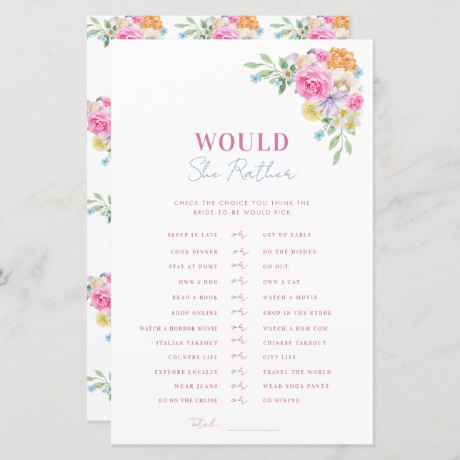 ピンクブルーブライダルシャワーは彼女はむしろゲームをする (正面/裏面)