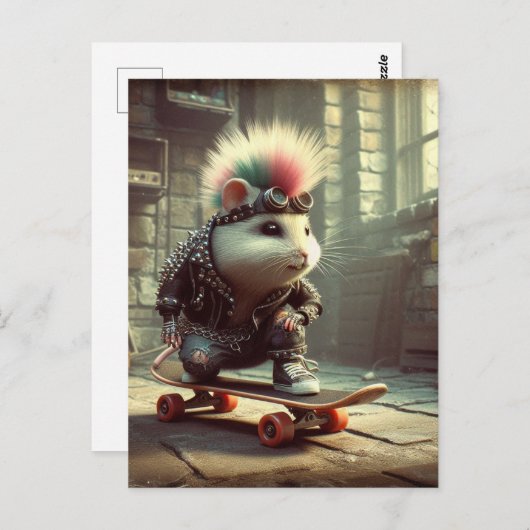 ピンクブルーヘアパンクロックスケートボードハムスター ポストカード (正面/裏面)