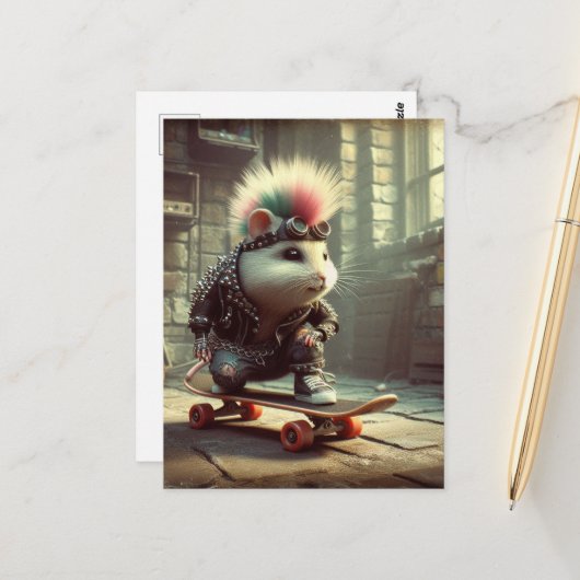 ピンクブルーヘアパンクロックスケートボードハムスター ポストカード (正面/裏面インサイチュ)