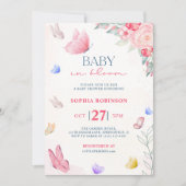 ピンクブルーベビーイン開花蝶ワイルドフラワー 招待状 (正面)