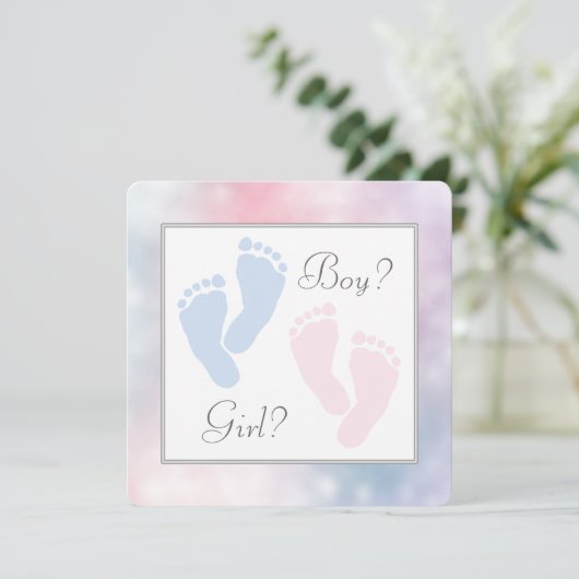 ピンクブルーベビー足フットプリント性別の表示 招待状 (スタンド正面)