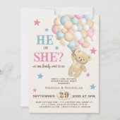 ピンクブルーベージュベアーバルーン&スタージェンダーの表示 招待状 (正面)