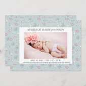 ピンクブルーホワイトフローラガールフォト誕生 案内状 (正面/裏面)