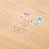 ピンクブルーボウ男女兼用ベビーシャワー アクリル招待状 (レイダウン)