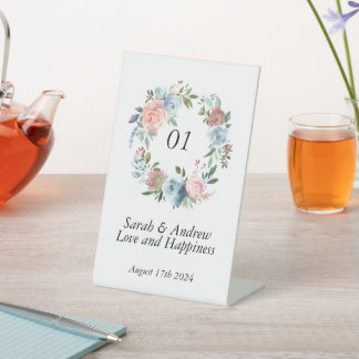 ピンクブルーボーホグリーンリー結婚リースのテーブル 台座サイン