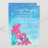 ピンクブルーマーメイドグリッター水彩赤ちゃんシャワー 招待状 (正面/裏面)